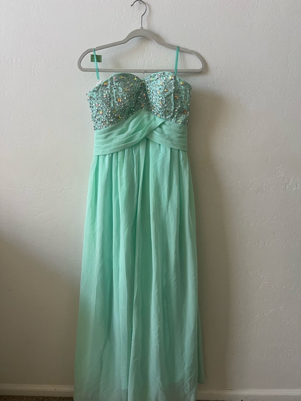 Beaded Mint Strapless Chiffon Evening Gown